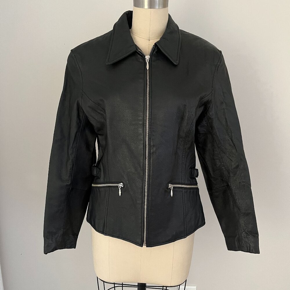 Wilsons Zip Up Leather Jacket Black Motorcycle Blazer Coat Corporate Goth Chic S